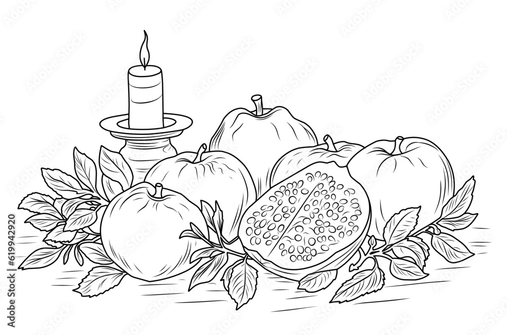 Vektorbilden table with apples pomegranates and candlesjewish new yearshana tovasimple line illustration for coloring rosh hashanahcoloring page