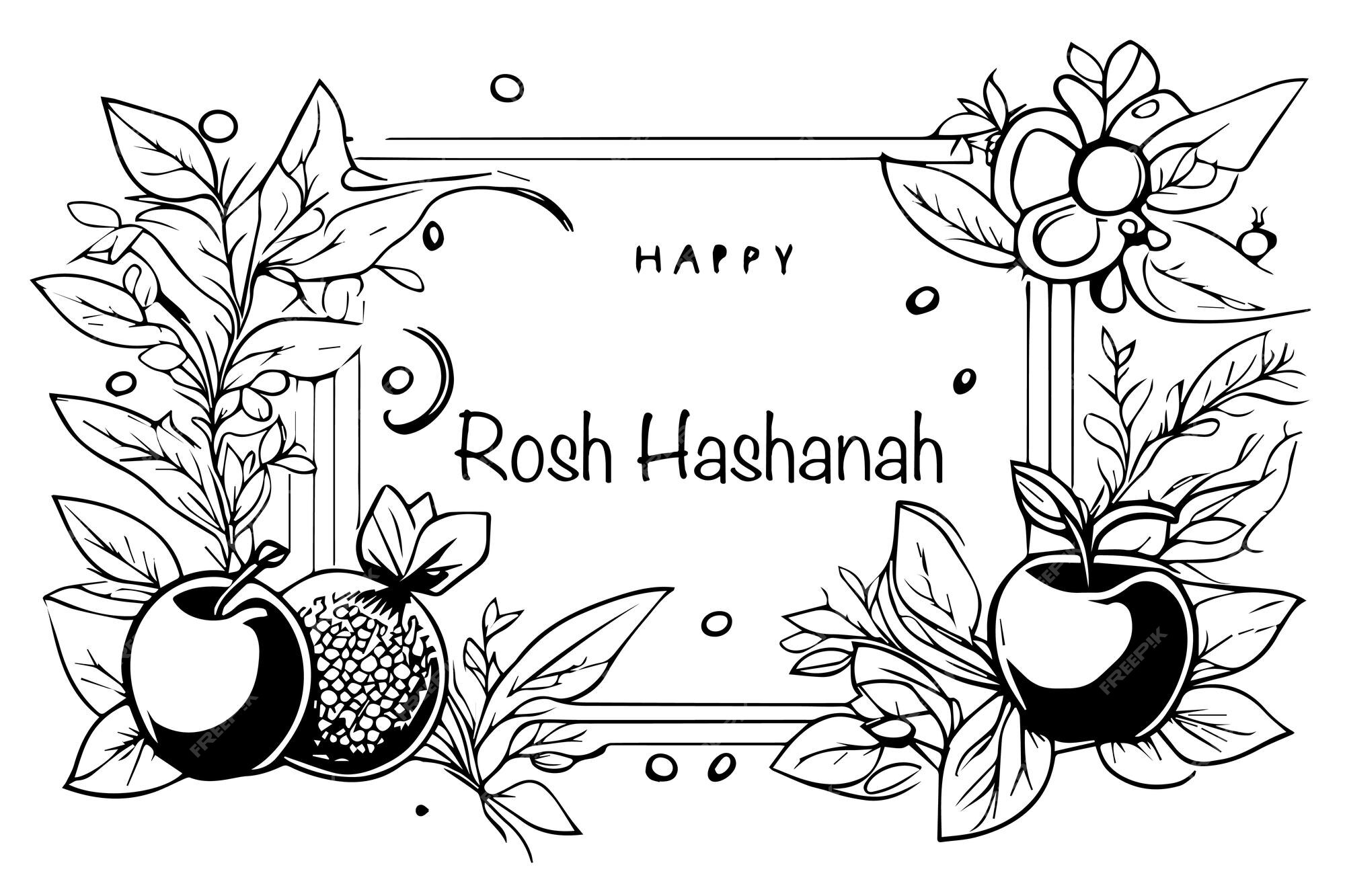 Premium vector sketch rosh hashanah greeting card shana tova jewish new year holiday honey jar apple and