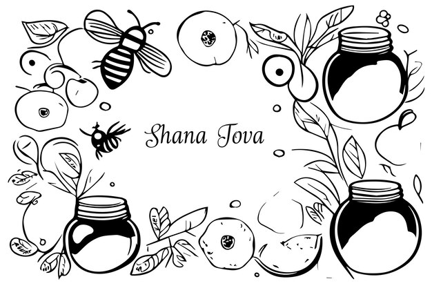 Premium vector sketch rosh hashanah greeting card shana tova jewish new year holiday honey jar apple and