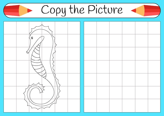 Premium vector how to draw a seahorse step by step use grid learning draw drawing tutorial lesson for kids coloring page for book children educational art page vector illustration
