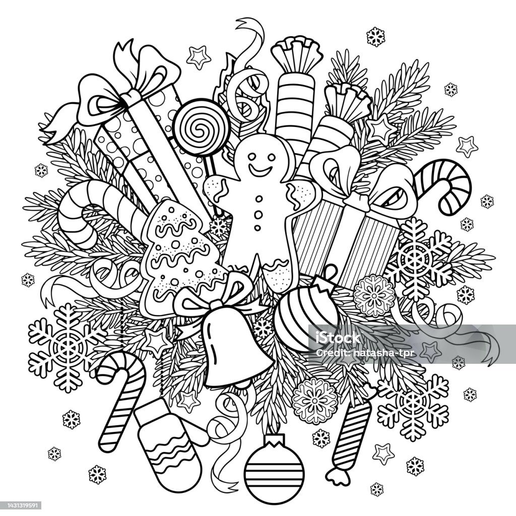 Vector black and white round shape coloring page for christmas coloring book sweets and gifts from santa and festive decoration stock illustration