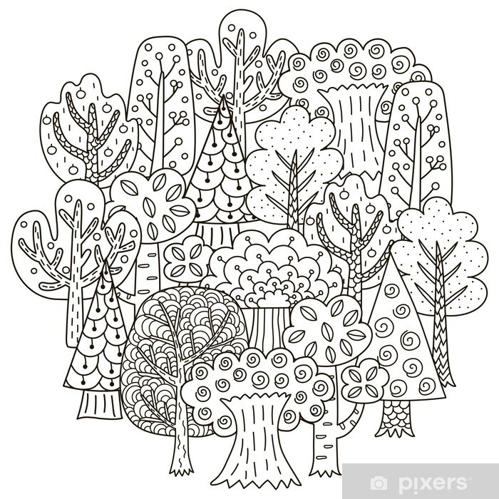 Poster circle shape pattern with fantasy trees for coloring book
