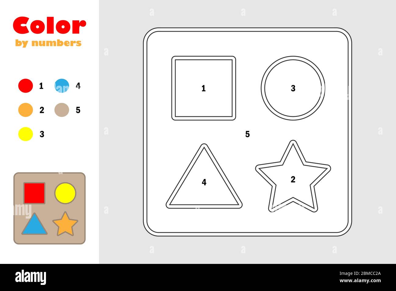 Shape puzzle in cartoon style color by number education paper game for the development of children coloring page kids preschool activity printabl stock vector image art