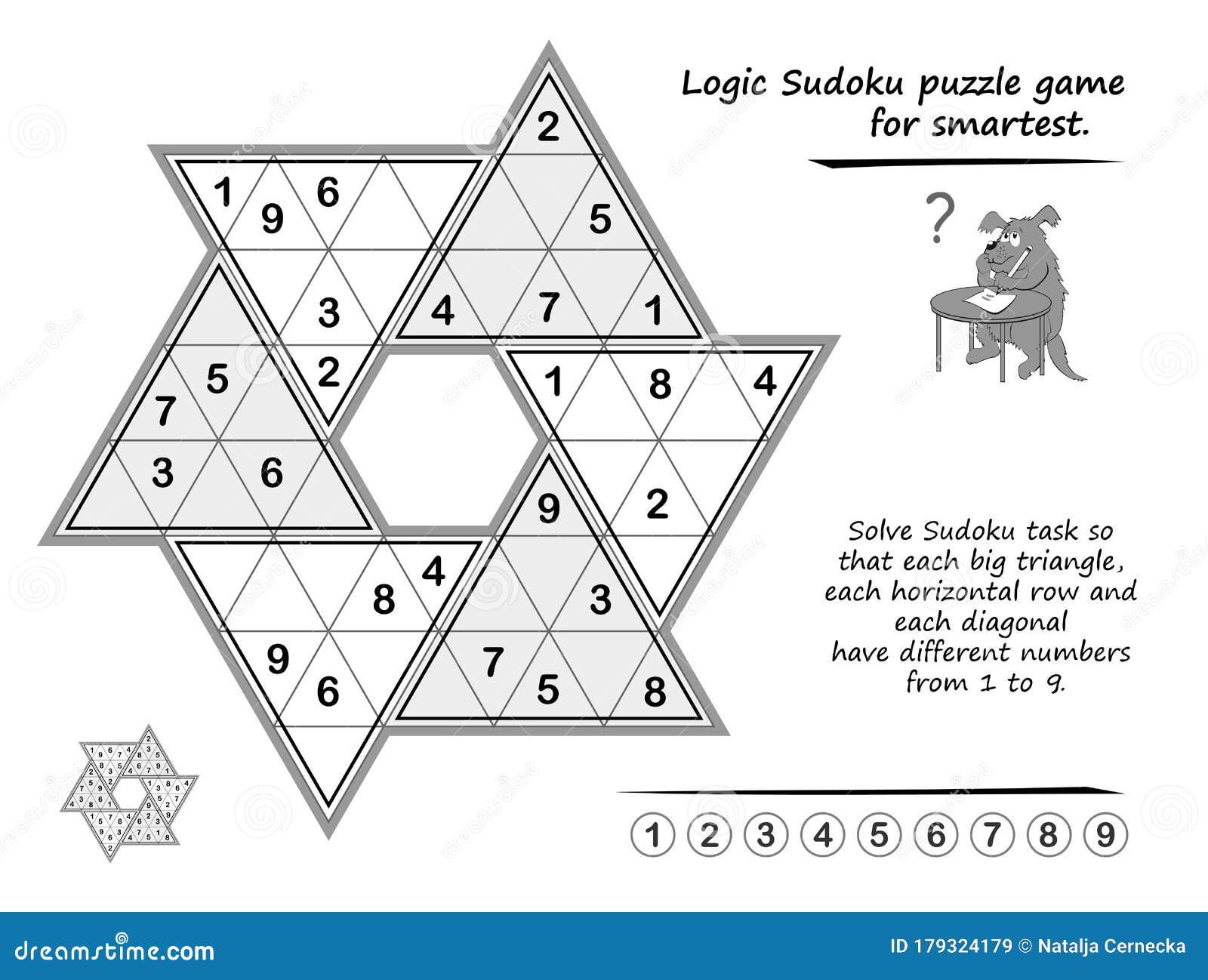Logic puzzle game for children and adults solve sudoku so that each big triangle horizontal and diagonal have numbers from to stock vector