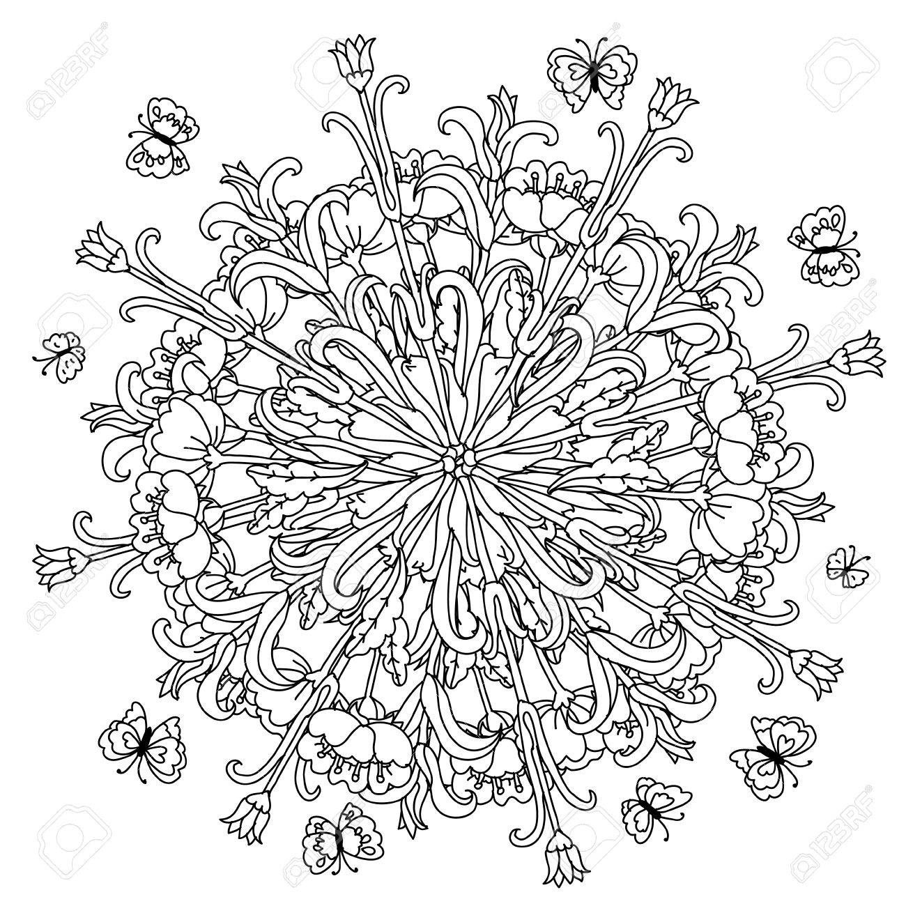 Mandala shape flowers and butterfly for adult coloring book in zen art therapy style for anti stress drawing hand