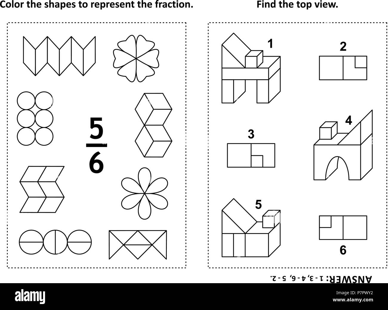 Two visual math puzzles and coloring pages color the shapes to represent the fraction find the top view black and white answer included stock vector image art