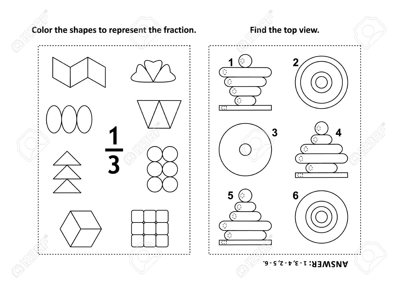 Two visual math puzzles and coloring pages color the shapes to represent the fraction find the top view royalty free svg cliparts vectors and stock illustration image