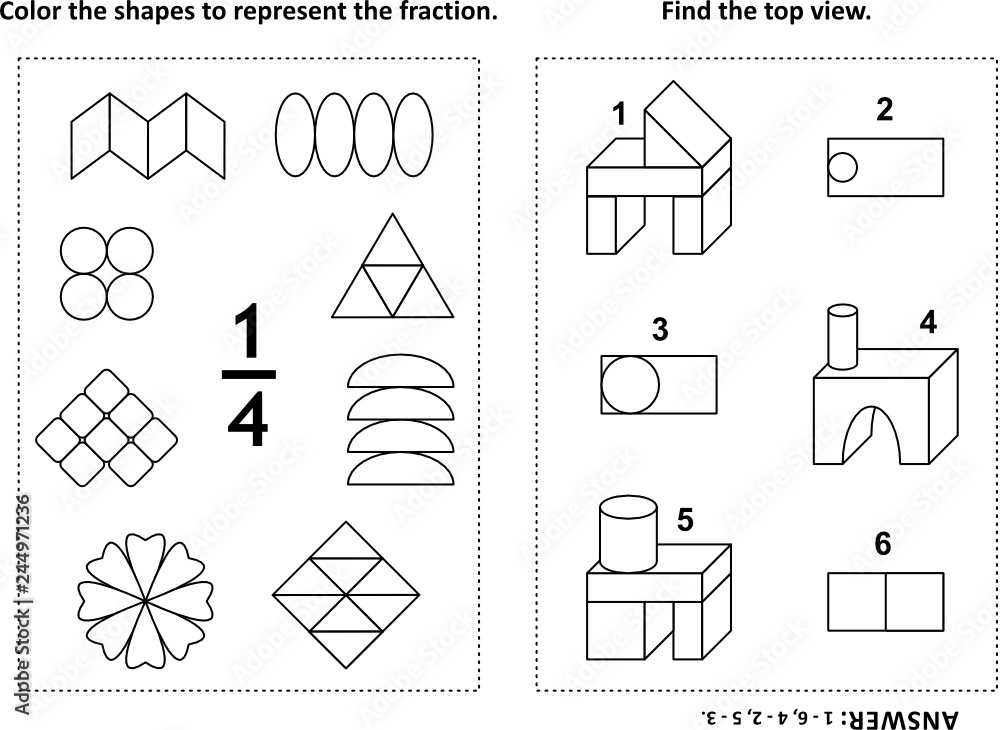 Two visual math puzzles and coloring pages color the shapes to represent the fraction find the top view black and white answers included vector