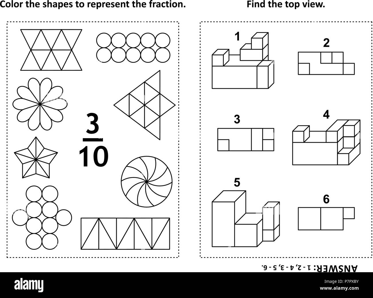 Two visual math puzzles and coloring pages color the shapes to represent the fraction find the top view black and white answer included stock vector image art