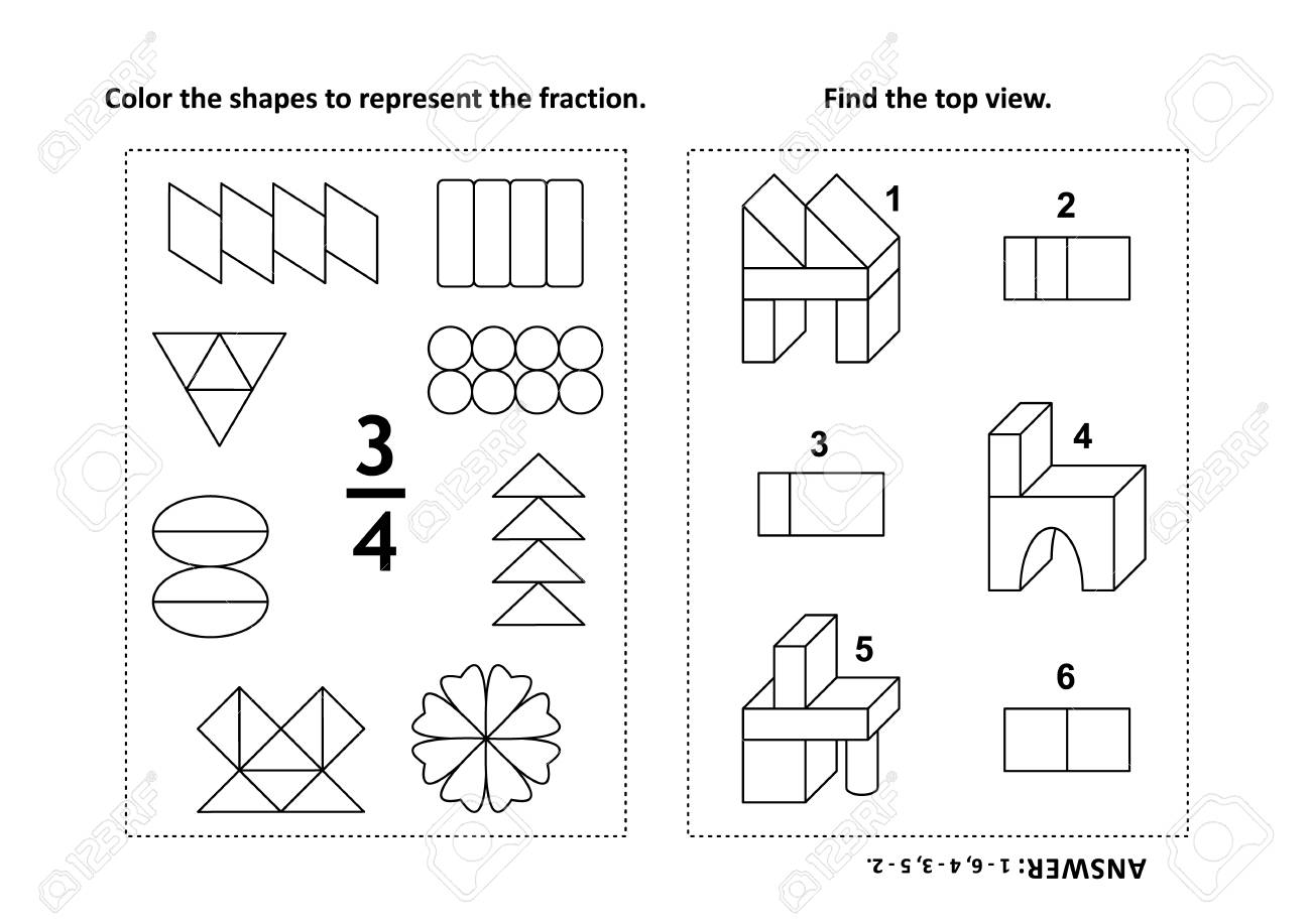Two visual math puzzles and coloring pages color the shapes to represent the fraction find the top view black and white answers included royalty free svg cliparts vectors and stock illustration image