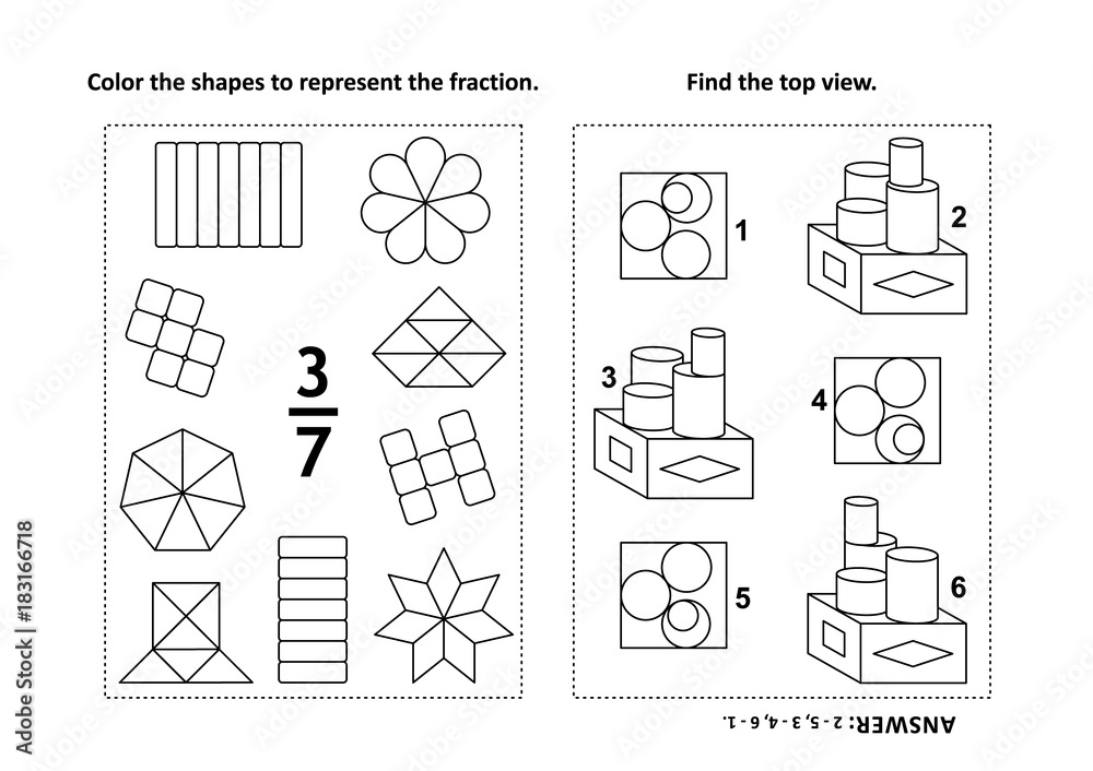 Two visual math puzzles and coloring pages color the shapes to represent the fraction find the top view black and white answers included vector