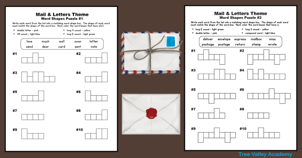 Mail friendly letter writing themed word shape puzzles