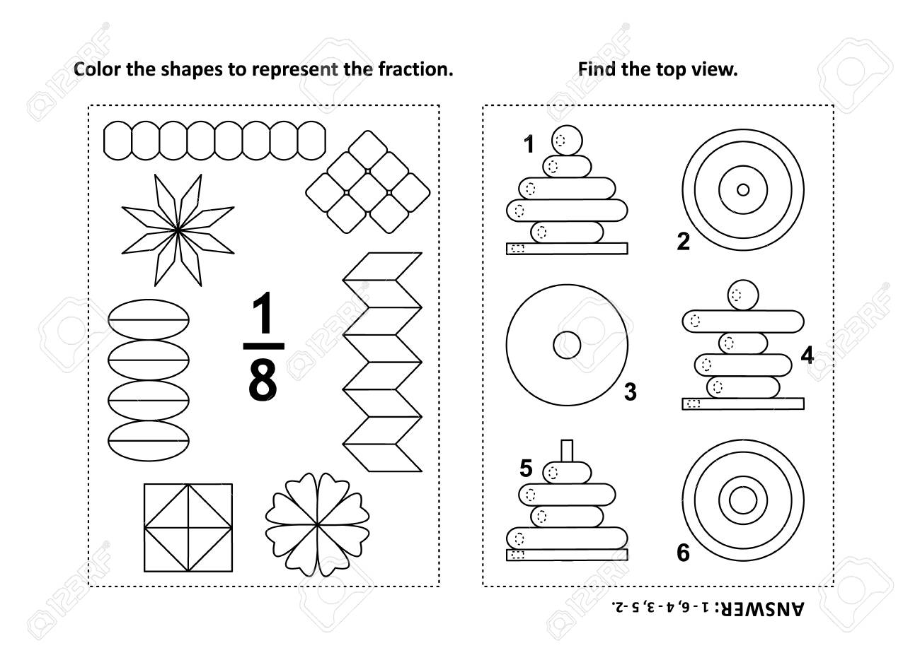 Two visual math puzzles and coloring pages color the shapes to represent the fraction find the top view black and white answers included royalty free svg cliparts vectors and stock illustration image