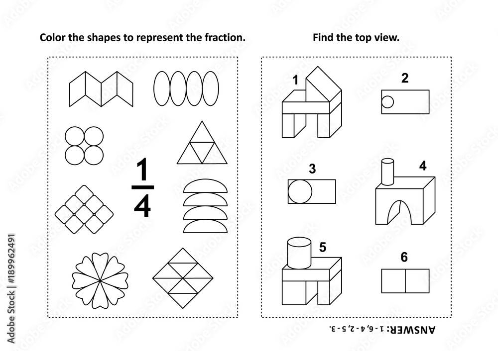 Two visual math puzzles and coloring pages color the shapes to represent the fraction find the top view black and white answers included vector