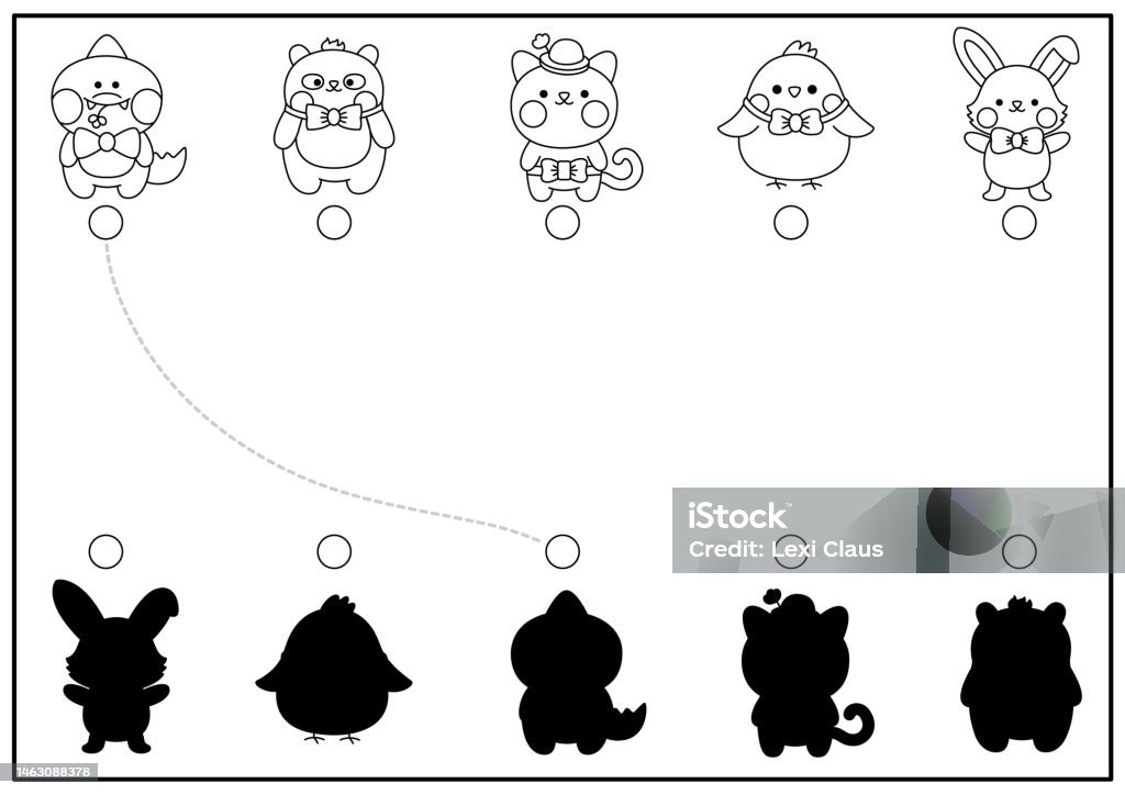 Easter black and white shadow matching activity with cute kawaii animals spring holiday shape recognition puzzle find correct silhouette printable worksheet garden coloring page stock illustration