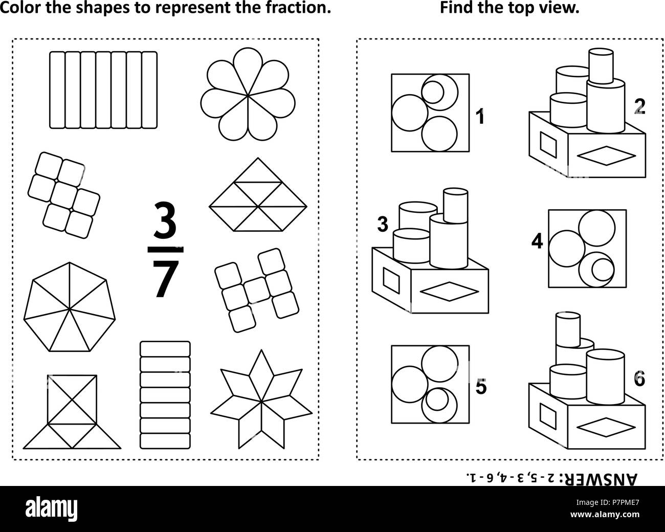 Two visual math puzzles and coloring pages color the shapes to represent the fraction find the top view black and white answer included stock vector image art