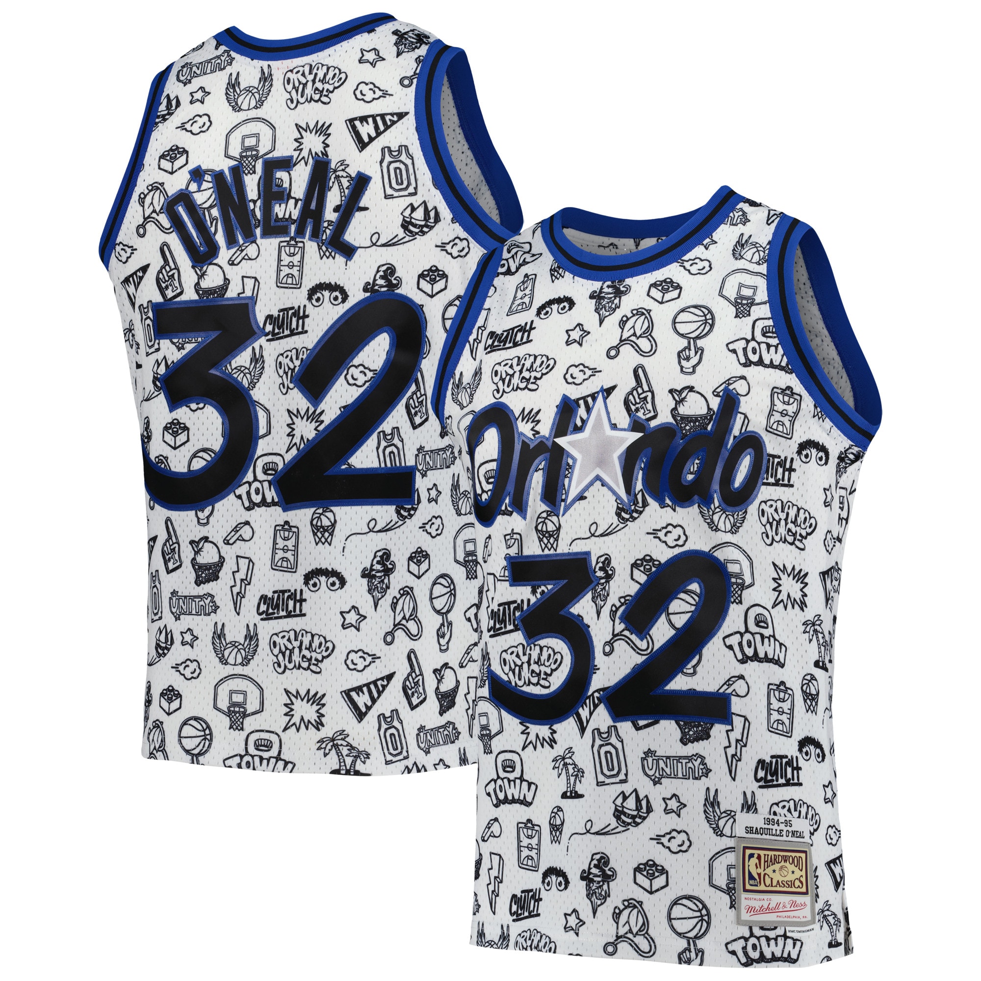 Shaquille oneal orlando magic mitchell ness hardwood classics doodle swingman player jersey