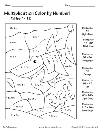 Multiplication color by number â the shark â tims printables