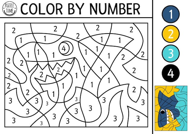 Premium vector vector pirate color by number activity with toothy shark treasure island scene black and white counting game with cute animal or fish sea adventures coloring page for kidsxa