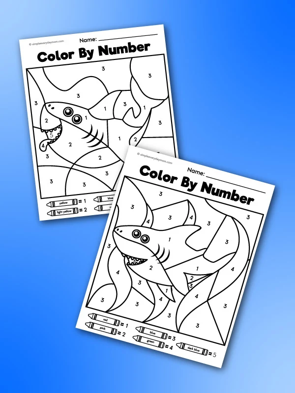 Shark color by number printables for kids