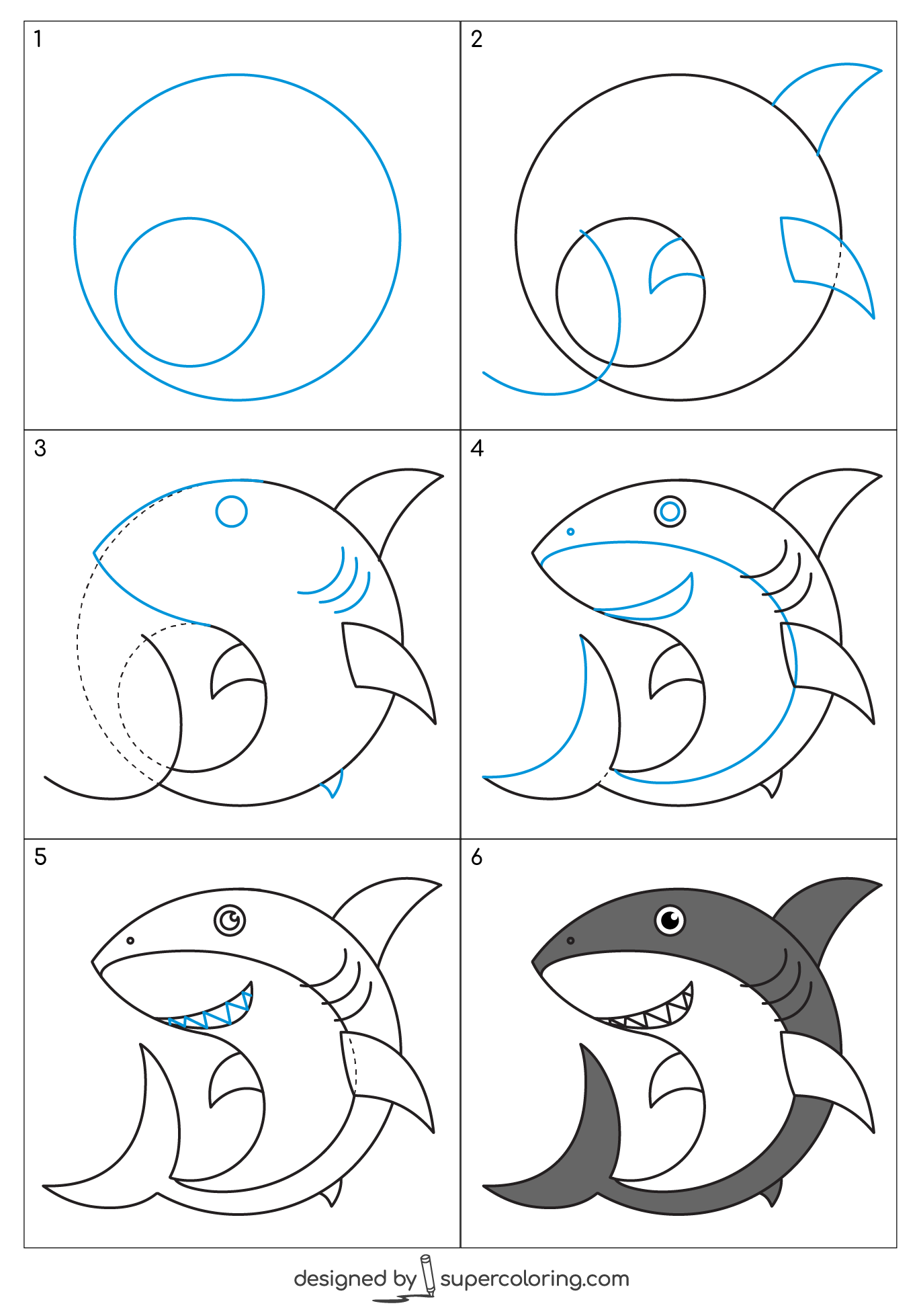 Cartoon shark step by step drawing free printable puzzle games