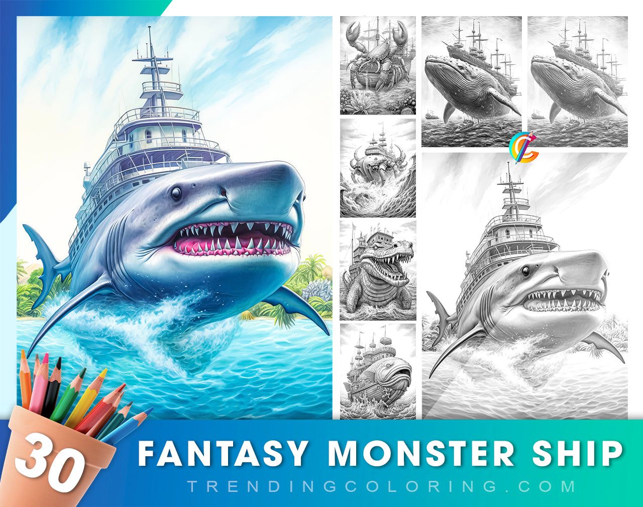 Fantasy monster ship grayscale coloring pages