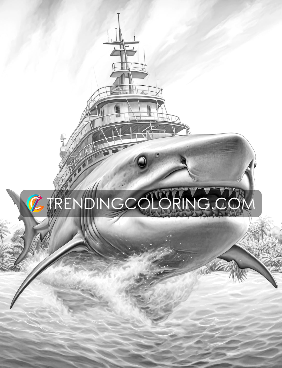 Fantasy monster ship grayscale coloring pages