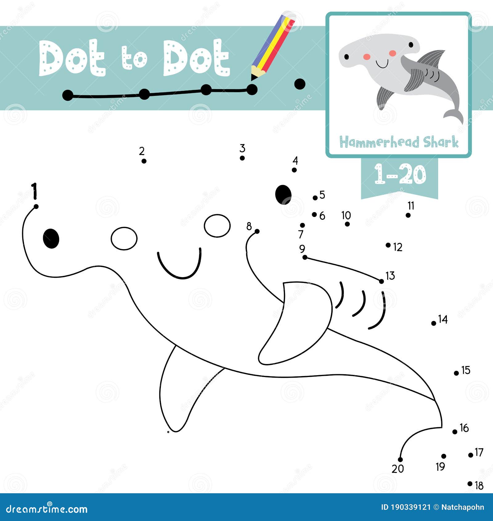 Dot to dot educational game and coloring book happy hammerhead shark animal cartoon character vector illustration stock vector