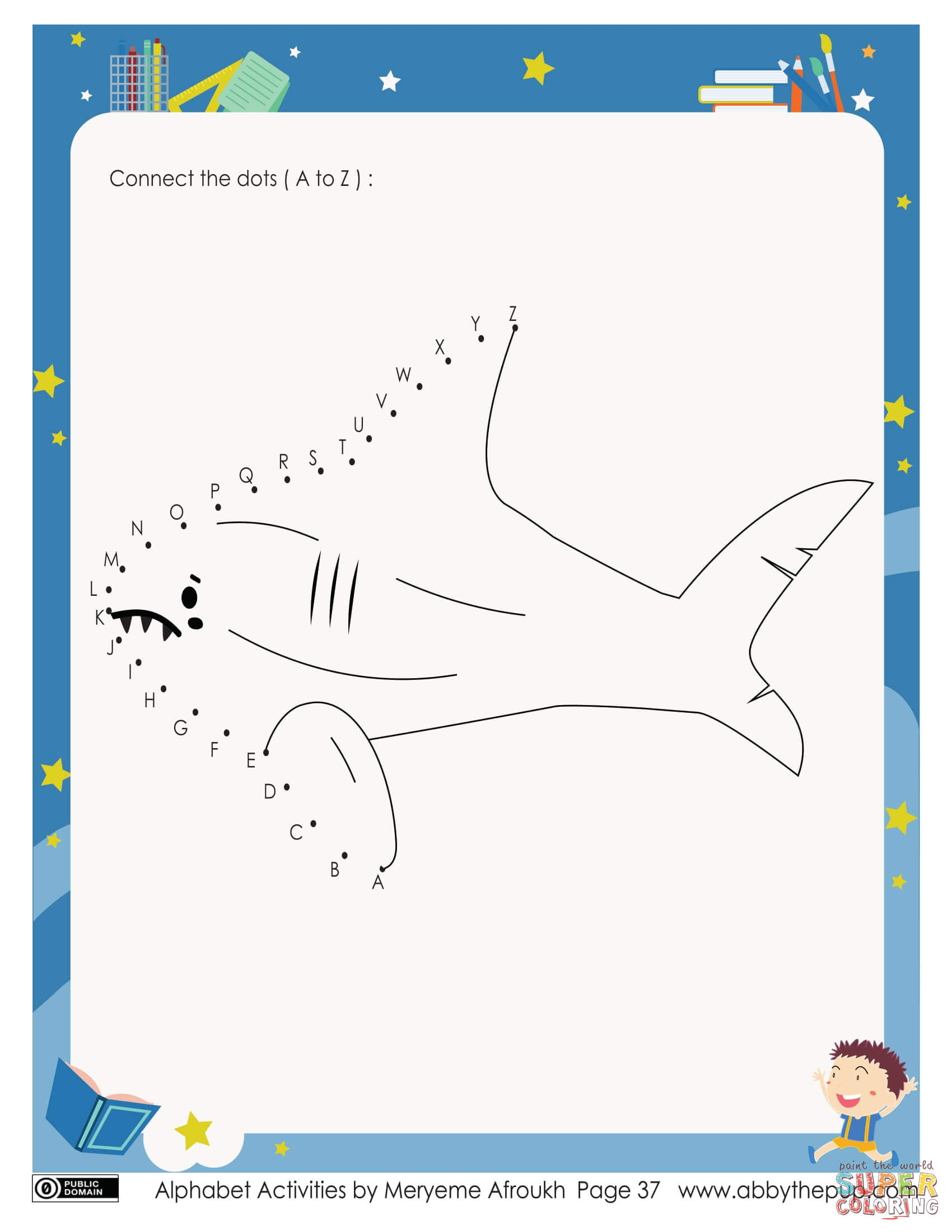 Shark with alphabet letters dot to dot free printable coloring pages