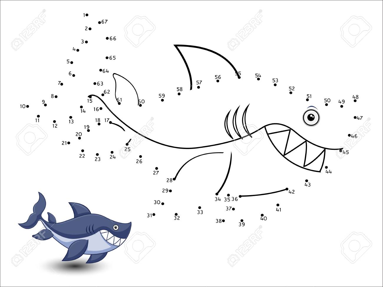 Shark cartoon connect the dots and color page sheet royalty free svg cliparts vectors and stock illustration image