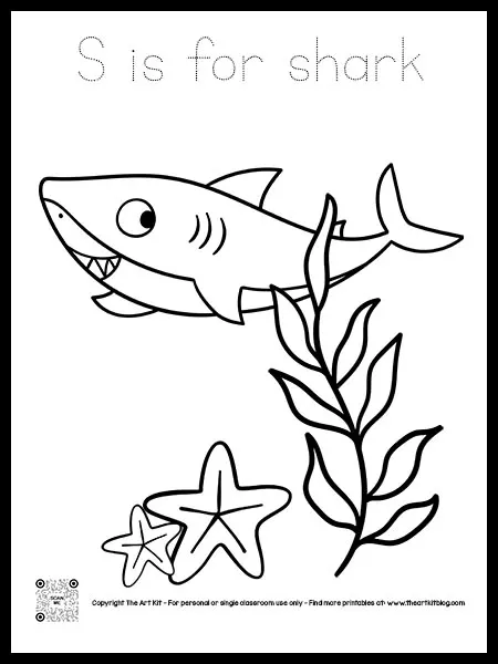 S is for shark coloring page dot font â the art kit