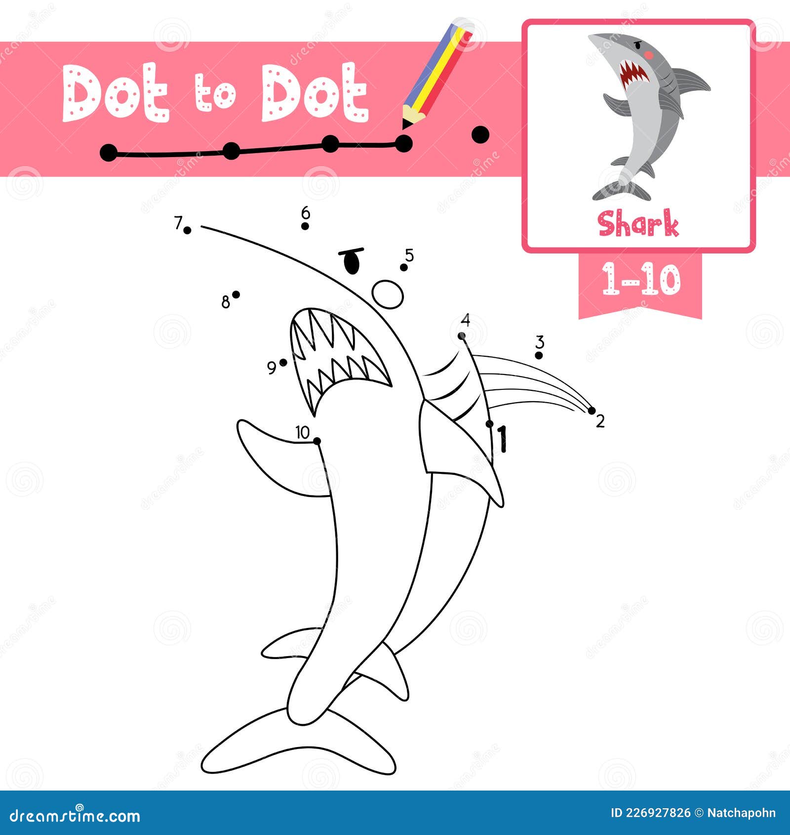 Dot to dot educational game and coloring book angry shark animal cartoon character vector illustration stock vector