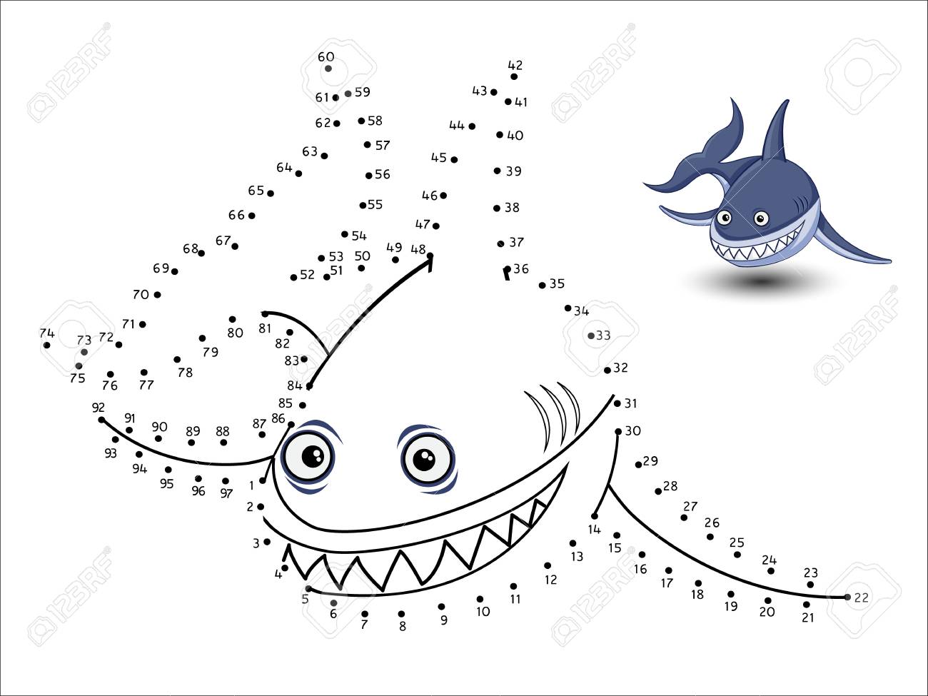 Shark cartoon connect the dots and color page sheet royalty free svg cliparts vectors and stock illustration image