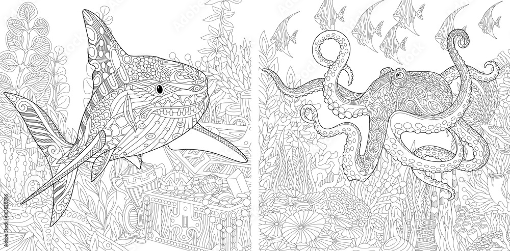 Coloring page collection of shark and octopus freehand sketch for adult antistress colouring book in zentangle style vector