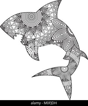 Hand drawn zentangle shark illustration decorative abstract doodle design element coloring book for adults stock vector image art