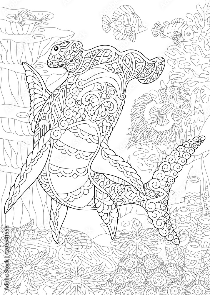 Underwater background with hammer head shark coloring page adult coloring book idea vector