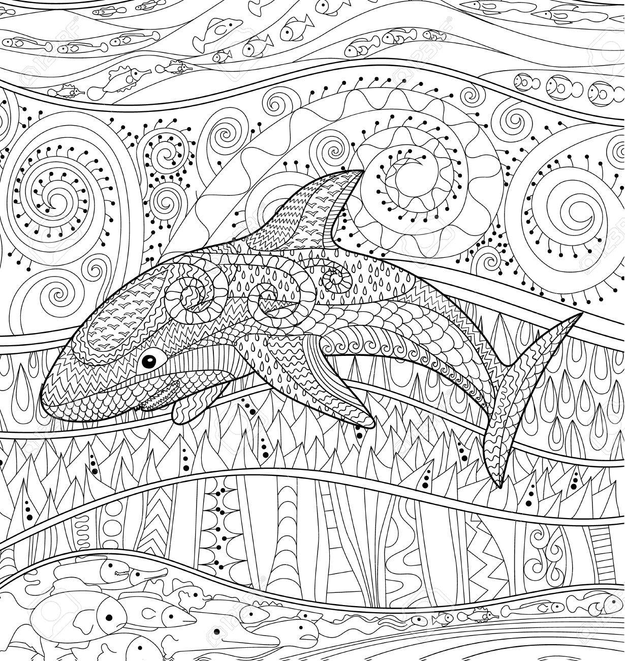 Happy shark with high details adult antistress coloring page black white oceanic animal for art therapy abstract pattern with oceanic elements for relax coloring for grown ups in zentangle style royalty free