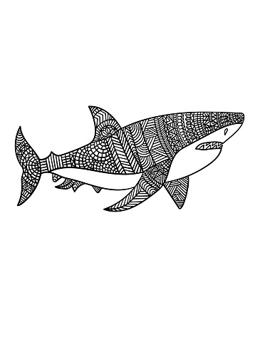 Great white shark mandala coloring page for adults stock illustration