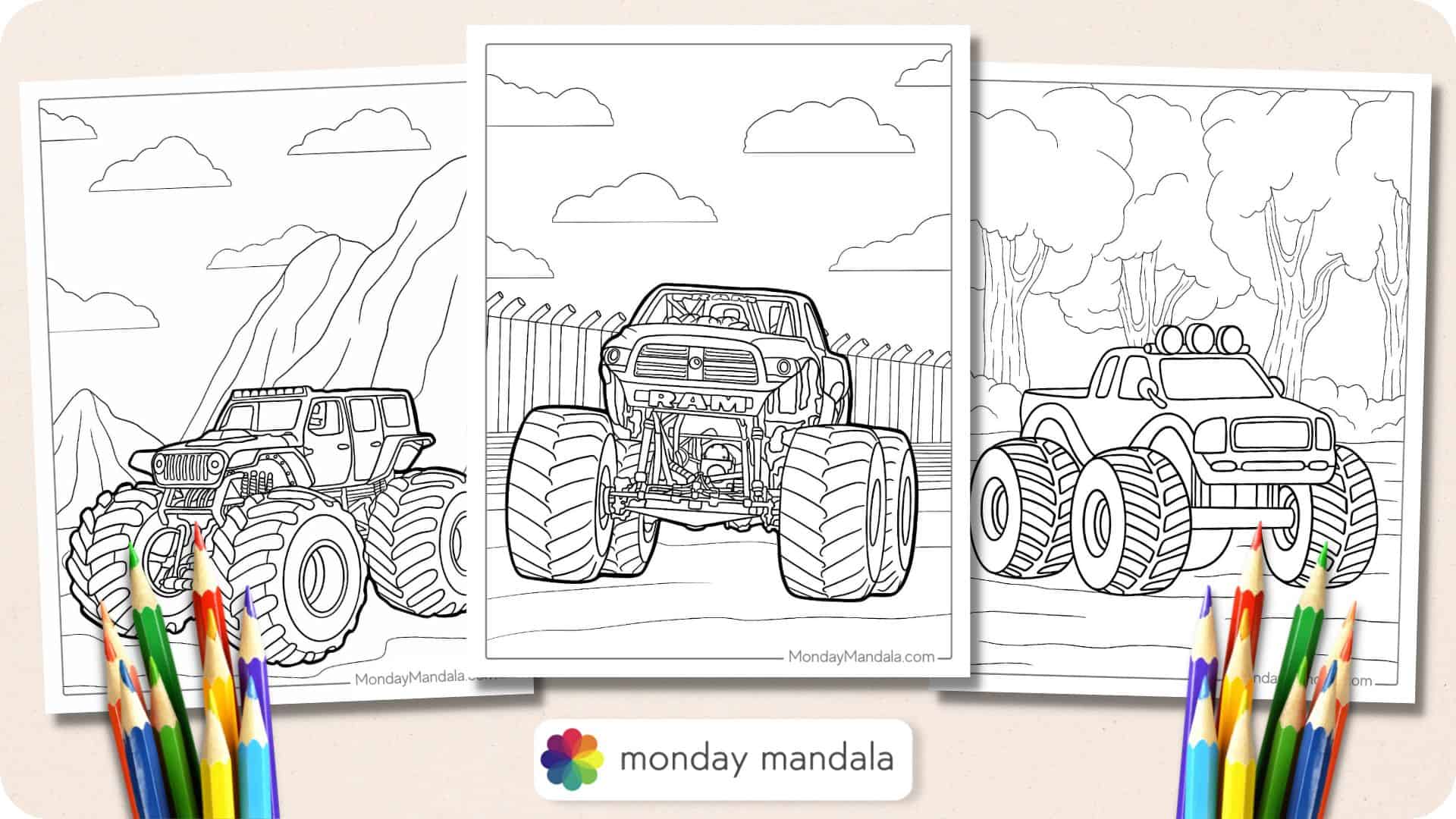 Monster truck coloring pages free pdf printables