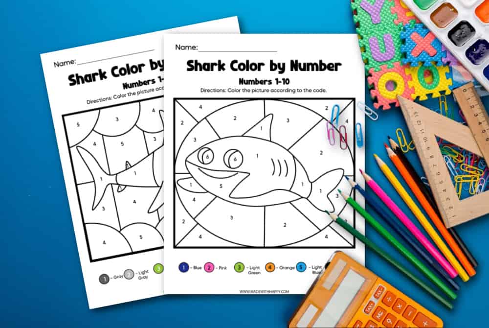 Free shark color by number printables