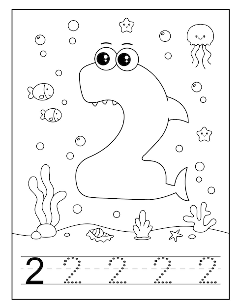 Premium vector baby shark number coloring page for children