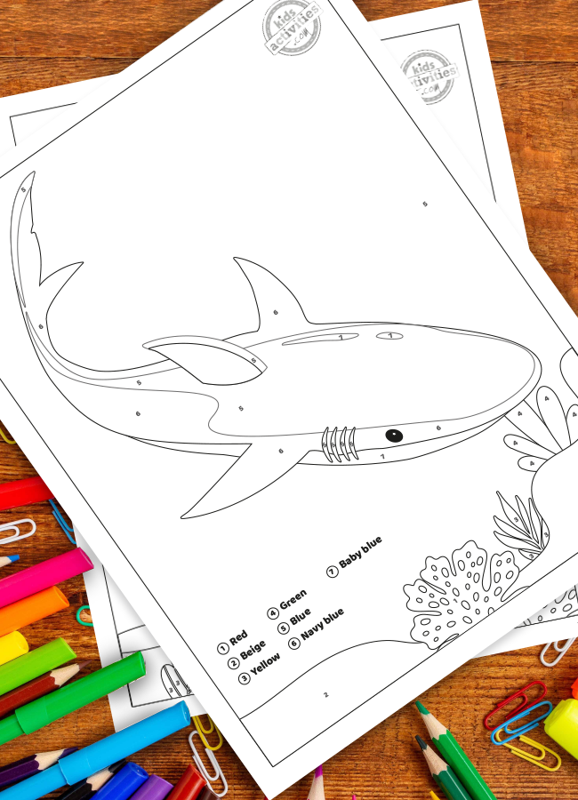 Free printable shark color by number worksheets kids activities blog