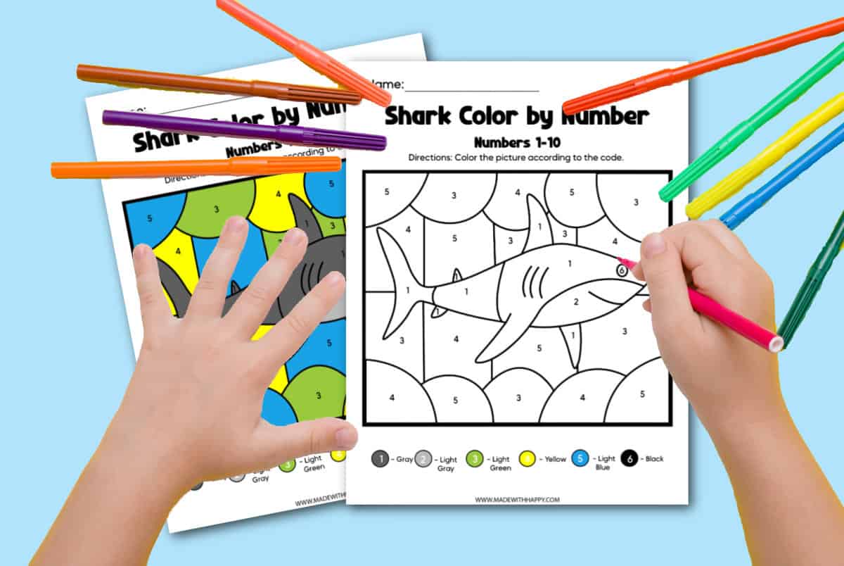 Free shark color by number printables