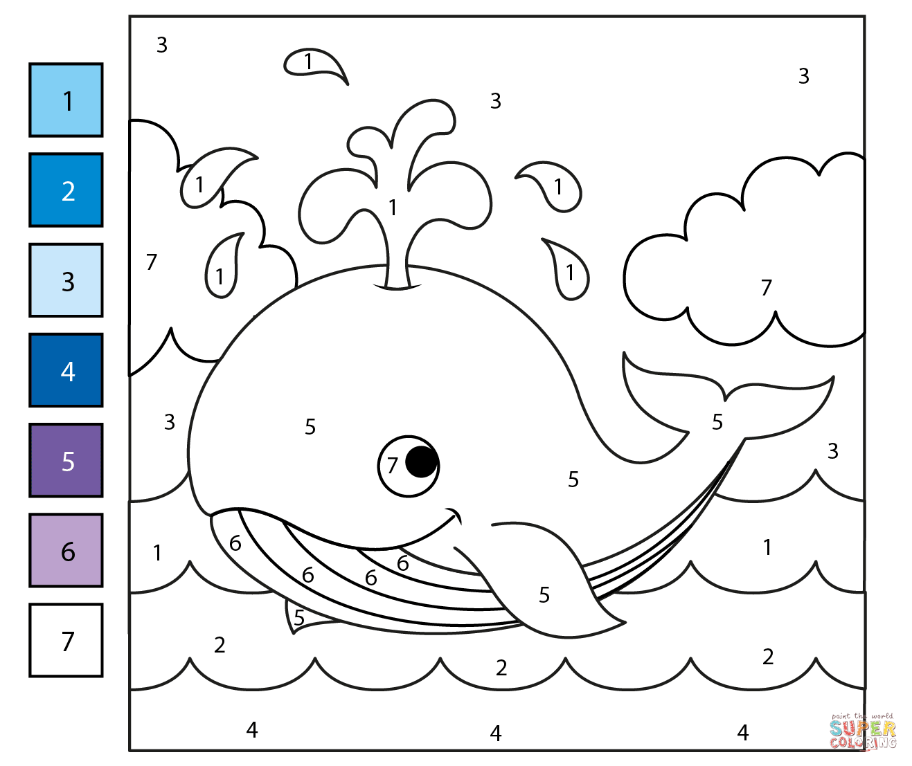 Whale color by number free printable coloring pages