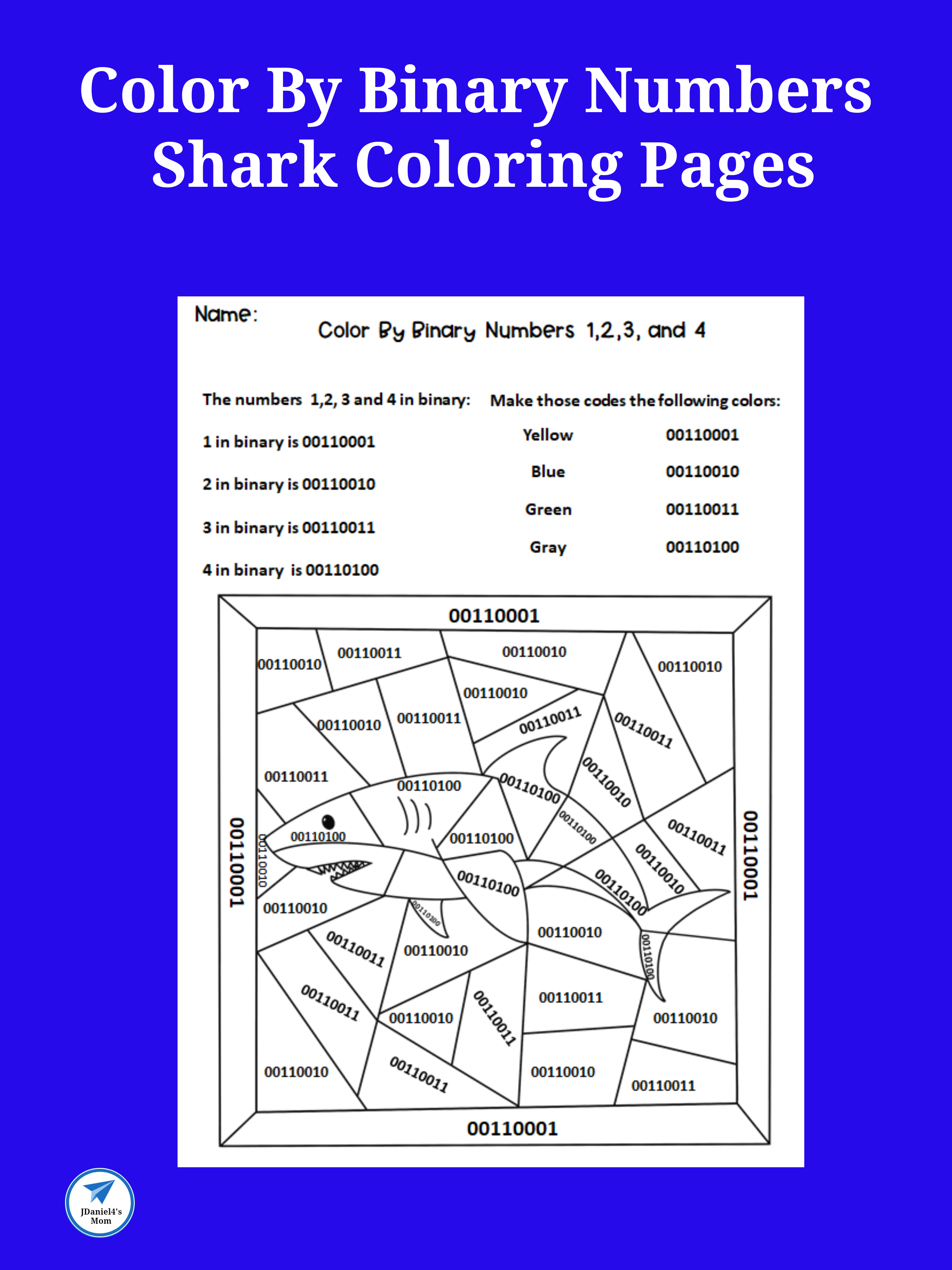 Color by binary numbers shark coloring pages