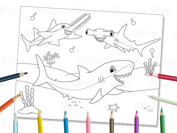 Sharks coloring page cute sharks printable sharks coloring page sharks printable coloring sheet digital download instant download