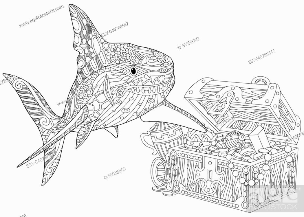 Stylized underwater shark and treasure chest full of gold stock vector vector and low budget royalty free image pic esy