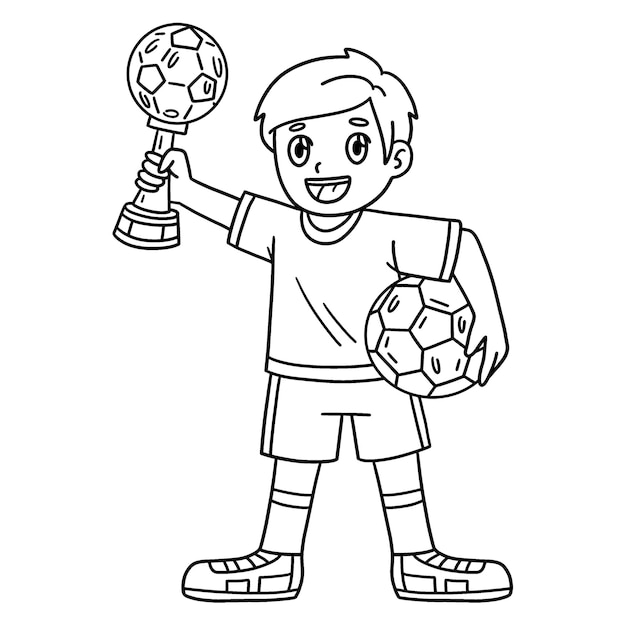 Premium vector a cute and funny coloring page of a boy with a soccer trophy provides hours of coloring fun for children to color this page is very easy suitable for