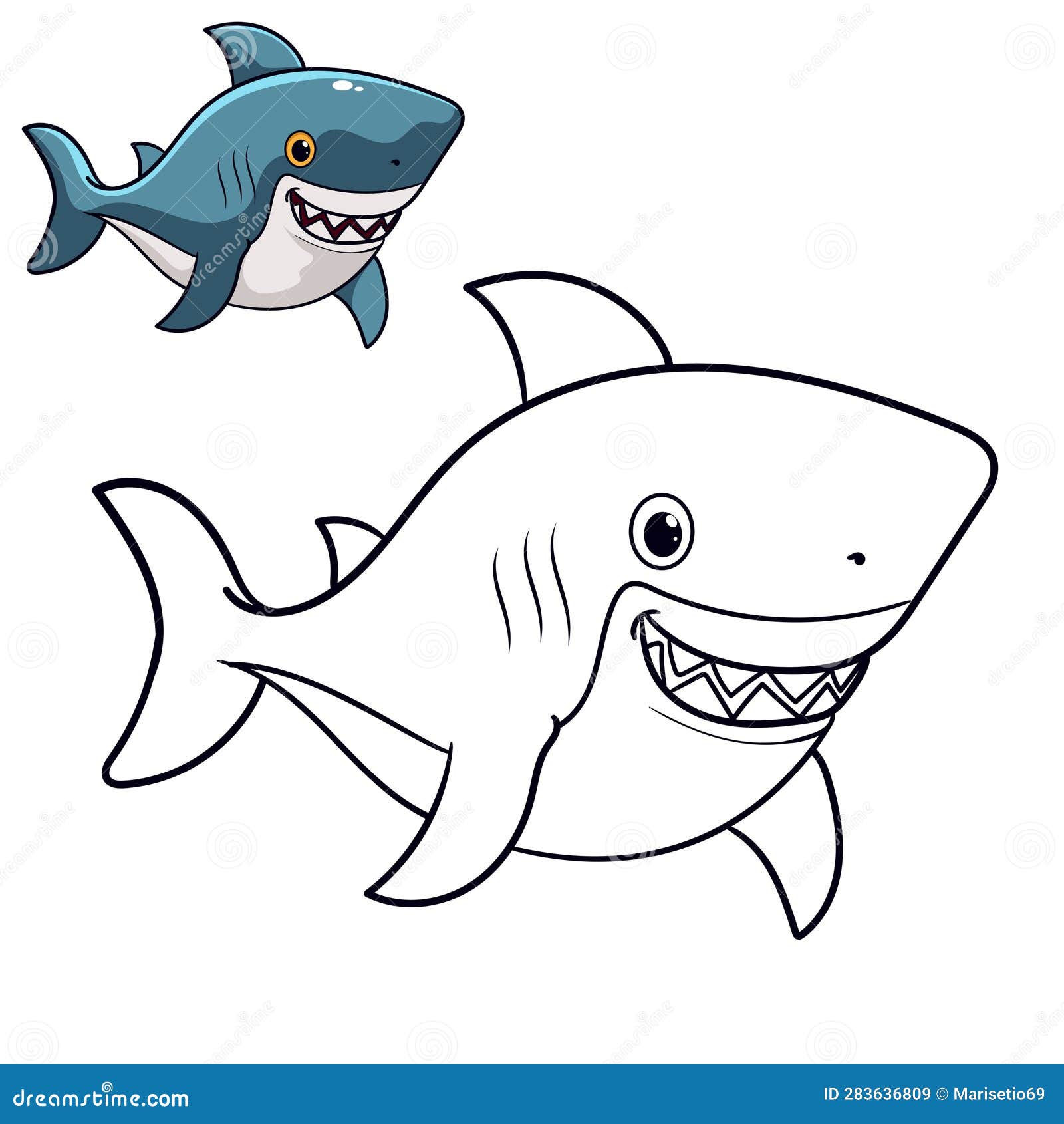 Cute baby shark coloring page black and white cartoon illustration for simple design stock vector
