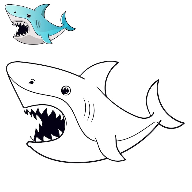 Premium vector cute baby shark coloring page black and white cartoon illustration for coloring books education